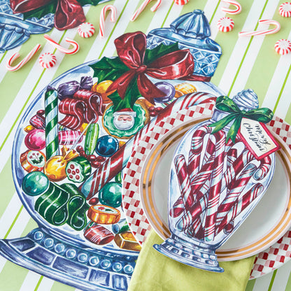 The Die-cut Candy Jar Placemat under a vibrant Christmas-themed table setting.