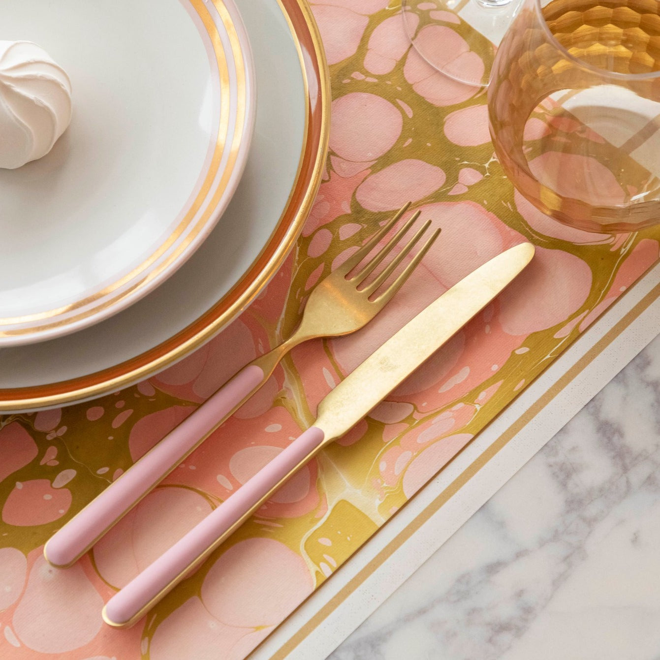 Close-up of the Pink &amp; Green Stone Marbled Placemat under an elegant Valentine&
