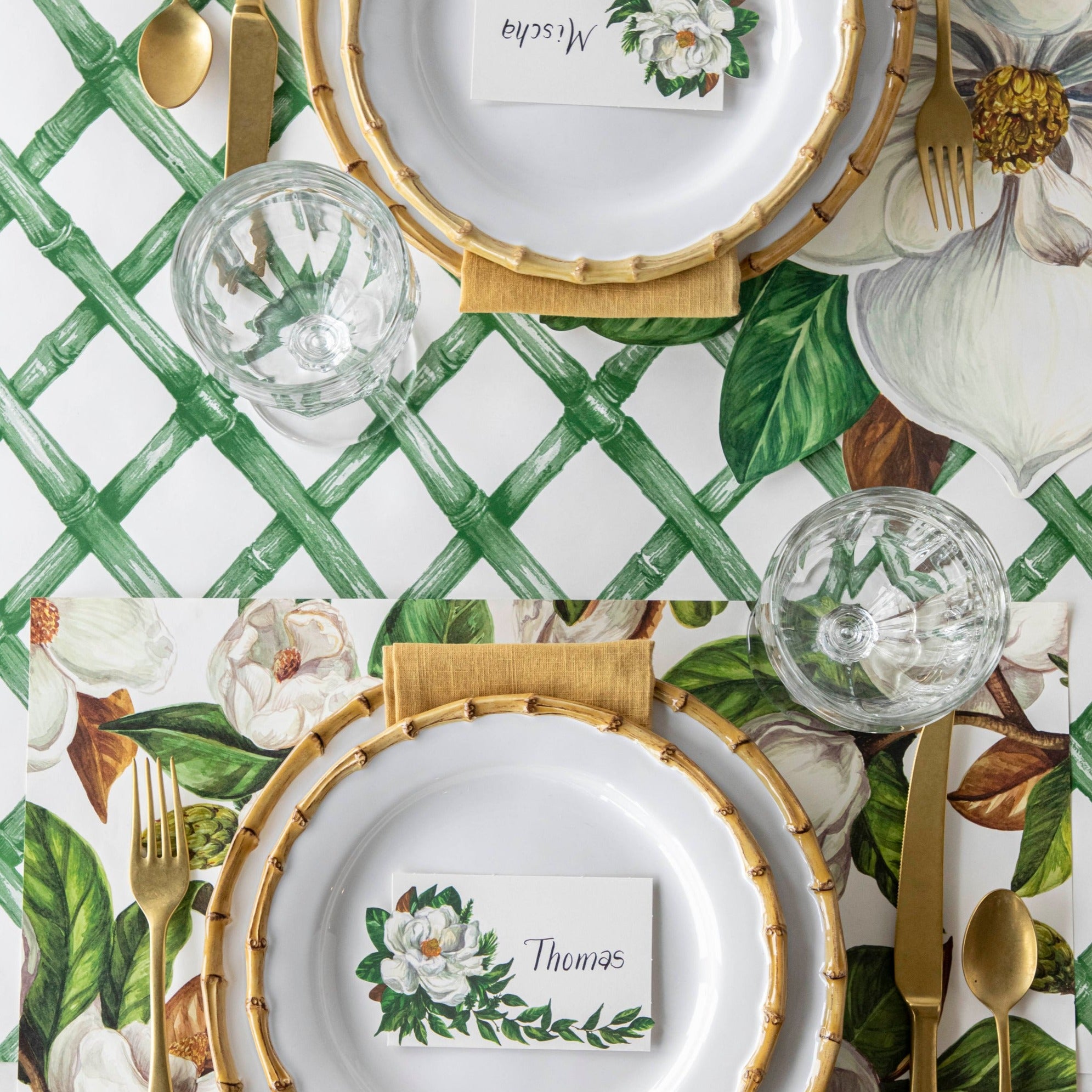 The Green Lattice Runner under an elegant table setting, from above.