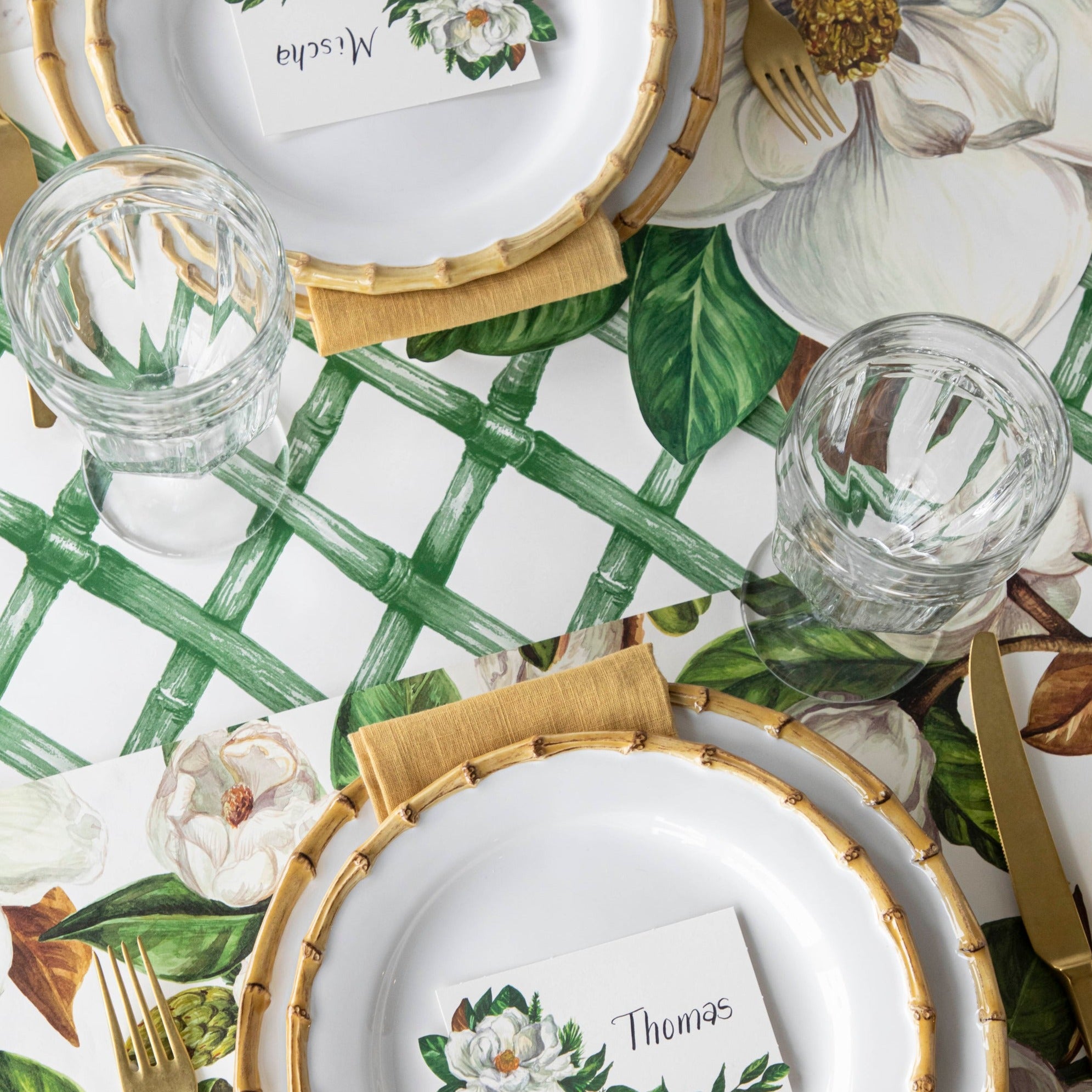 The Green Lattice Runner under an elegant table setting.