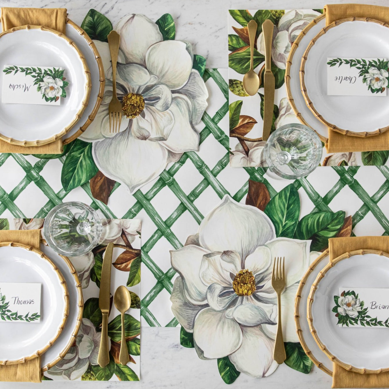 The Green Lattice Runner under an elegant table setting, from above.