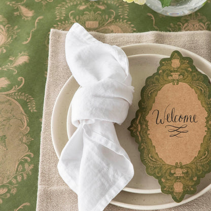 Close-up of the Moss Fable Toile Runner under an elegant table setting.