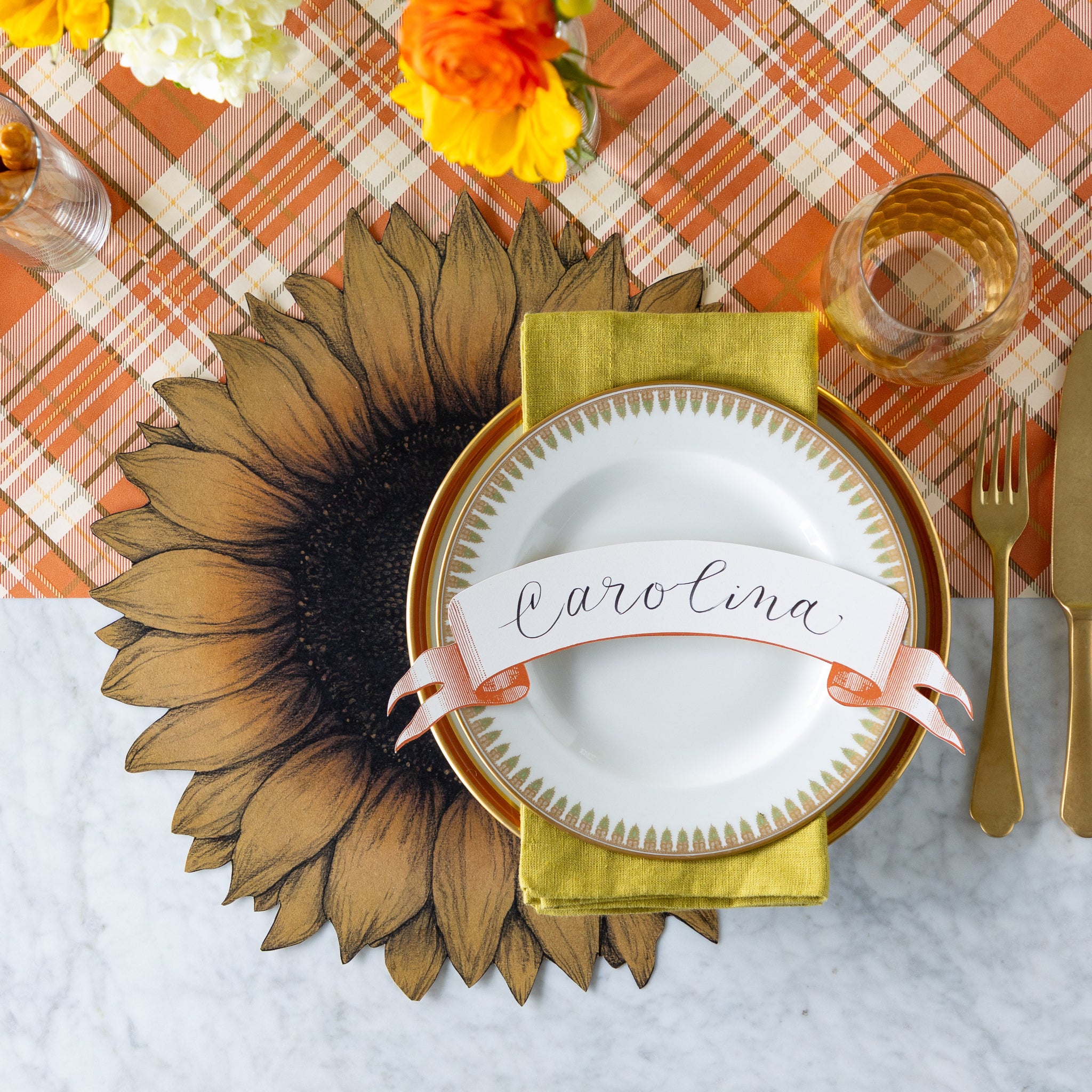 Table setting with the Die-cut Sunflower Placemat, vintage dinnerware with the Classic Orange Banner Table Accent atop on the Orange Plaid Runner.