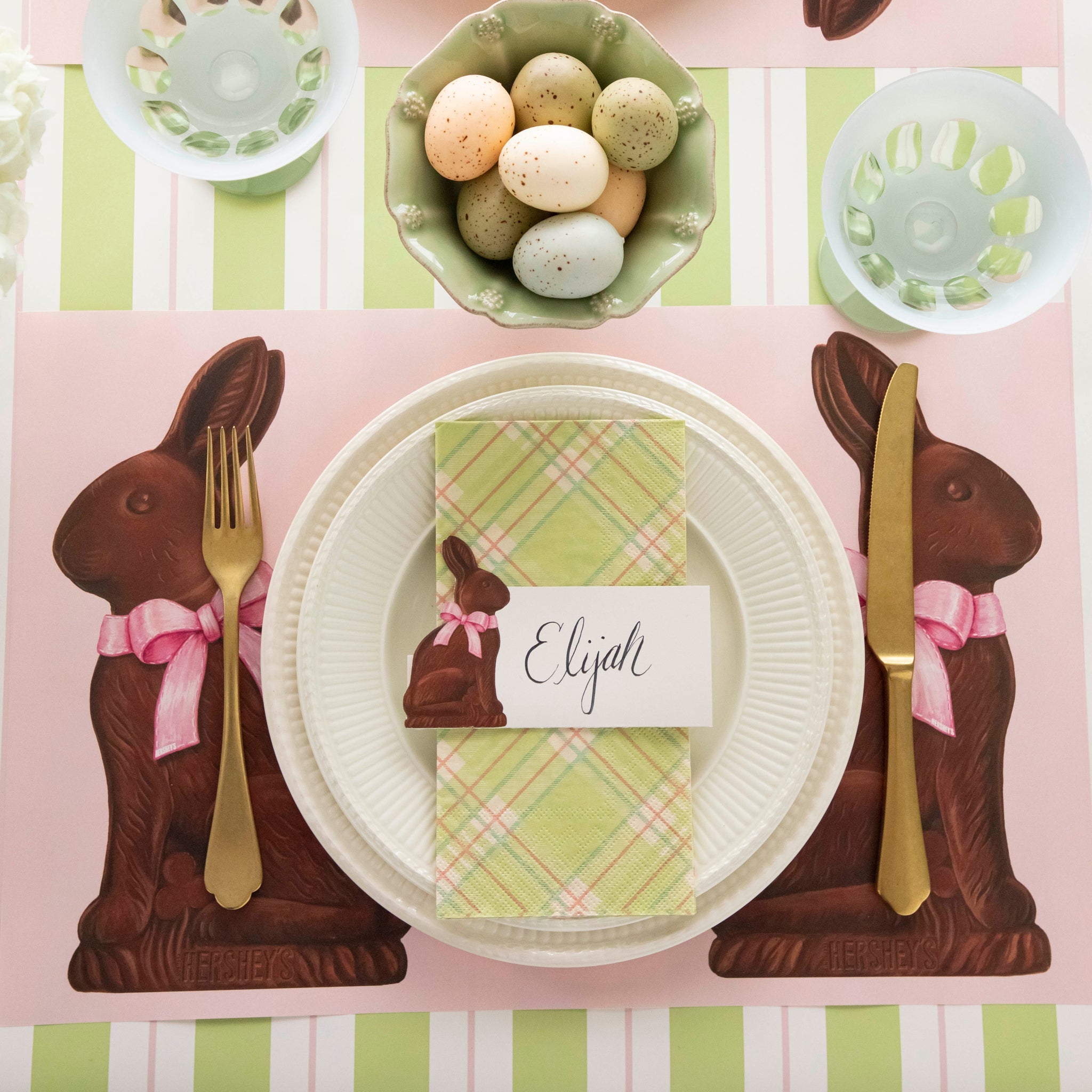 Green & Pink Awning Stripe Runner styled under an Easter table setting.