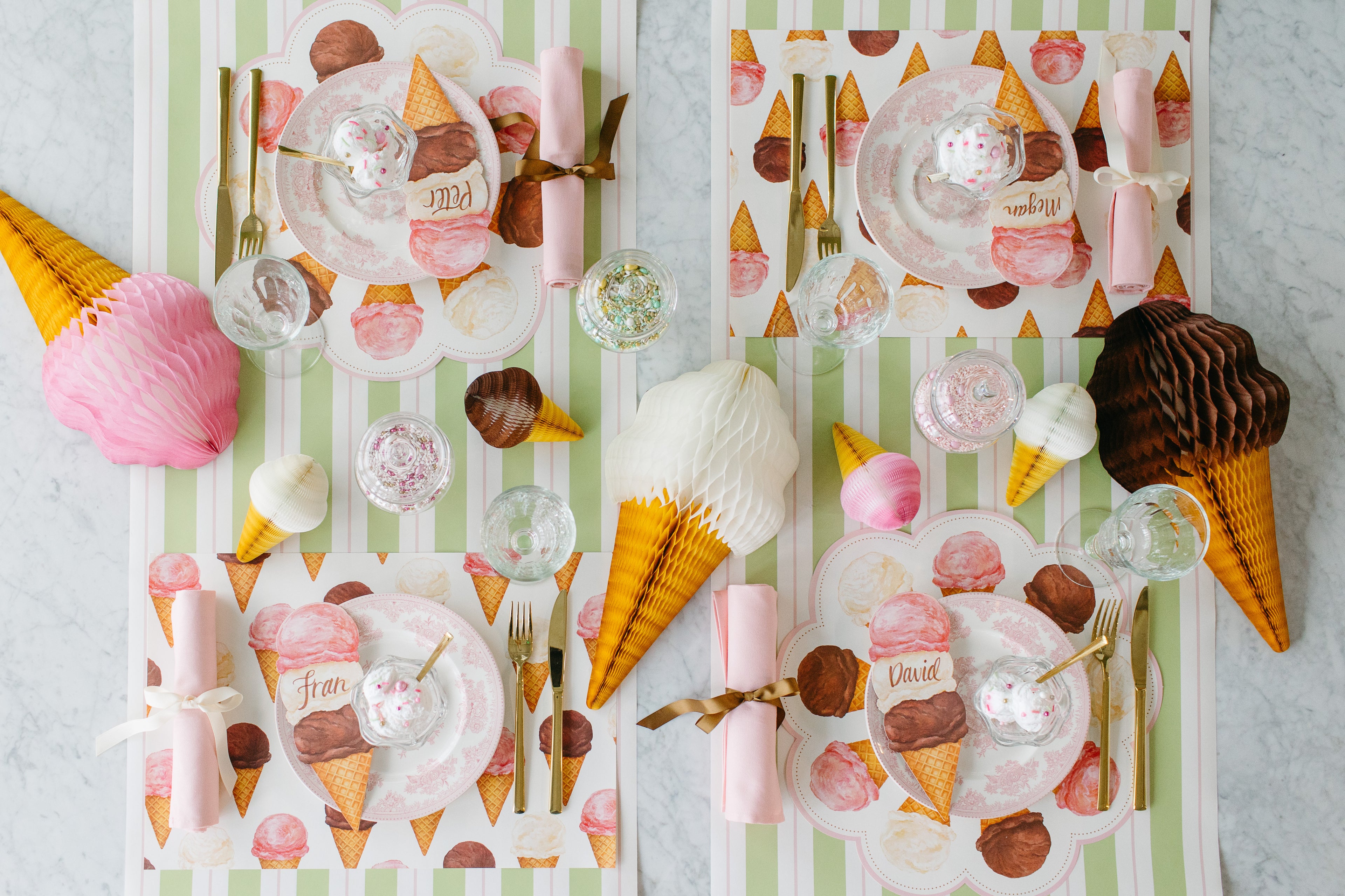 Our new Ice Cream Story Paper Collection styled with 3D Ice Cream Honeycomb on a green and pink awning stripe runner
