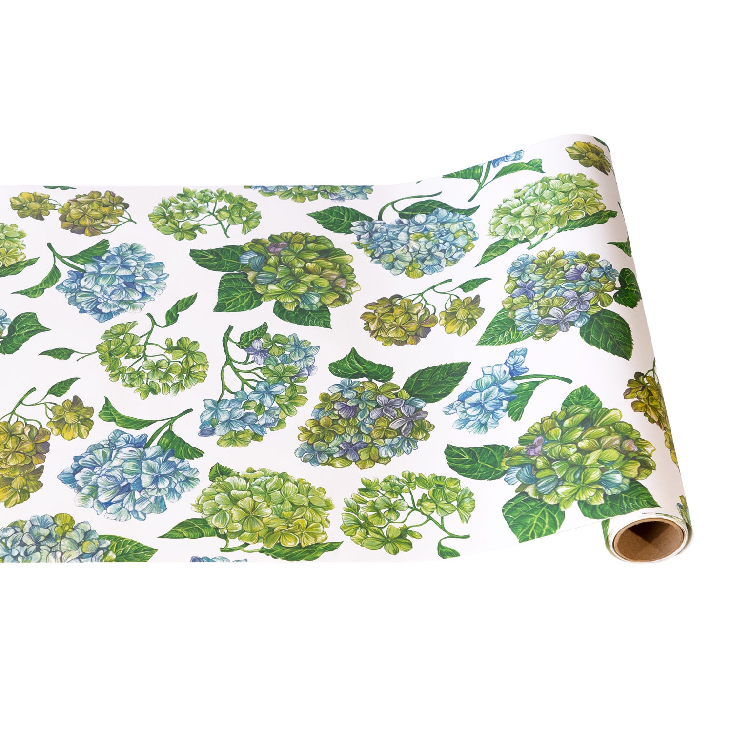 A roll of floral paper with Hydrangeas and leaves on a white background.