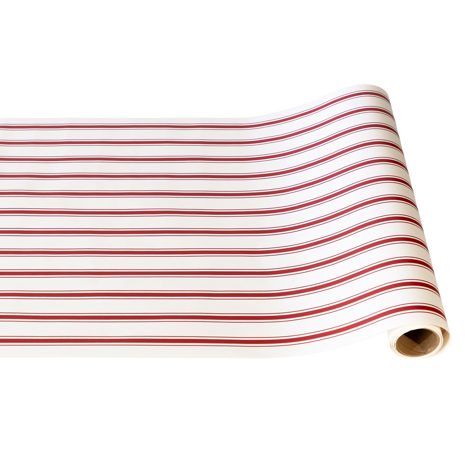 Roll of red and white striped paper on a white background.