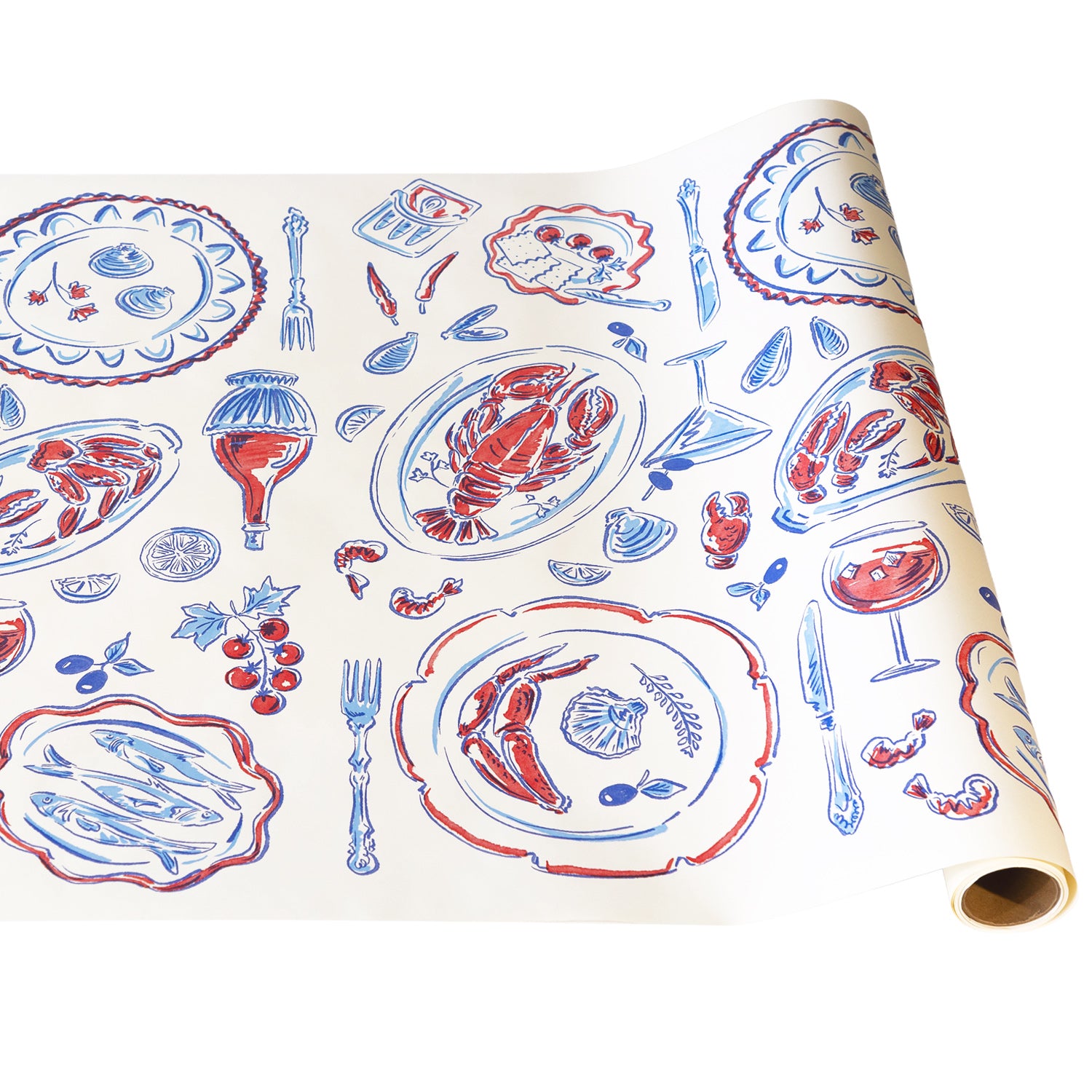 Roll of paper with red and blue food illustrations on a white background.