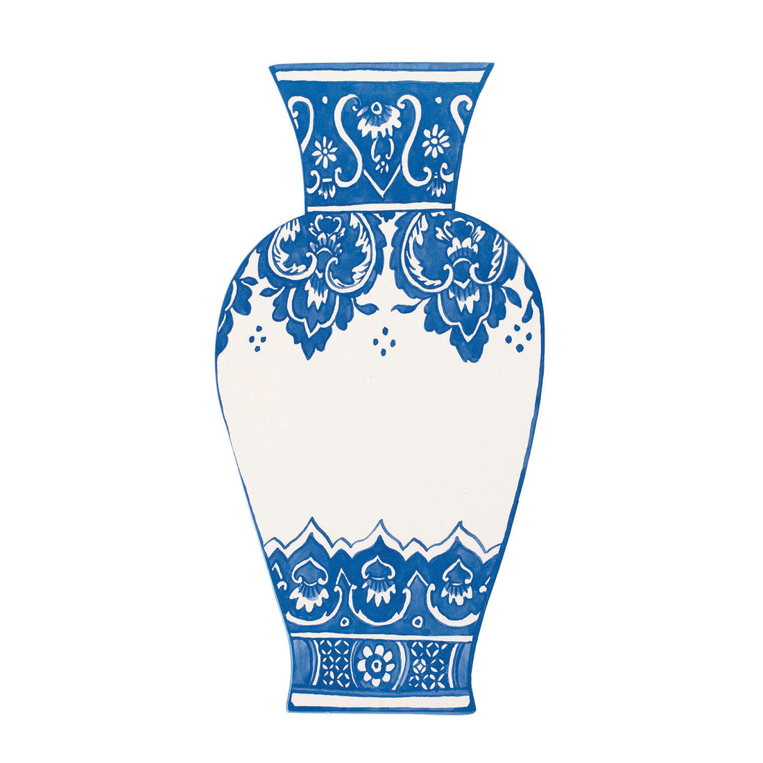 A die-cut table accent in the shape of a vintage porcelain vase in white with blue floral fillagree decorating the top and bottom, leaving an open white area in the middle for personalization. 