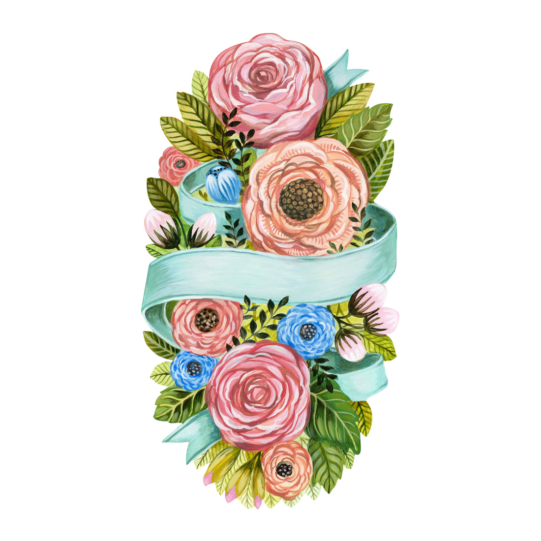A whimsical die-cut illustrated bouquet of pink, orange and blue flowers with vibrant green leaves, adorned with a seafoam ribbon which creates a space for personalization.
