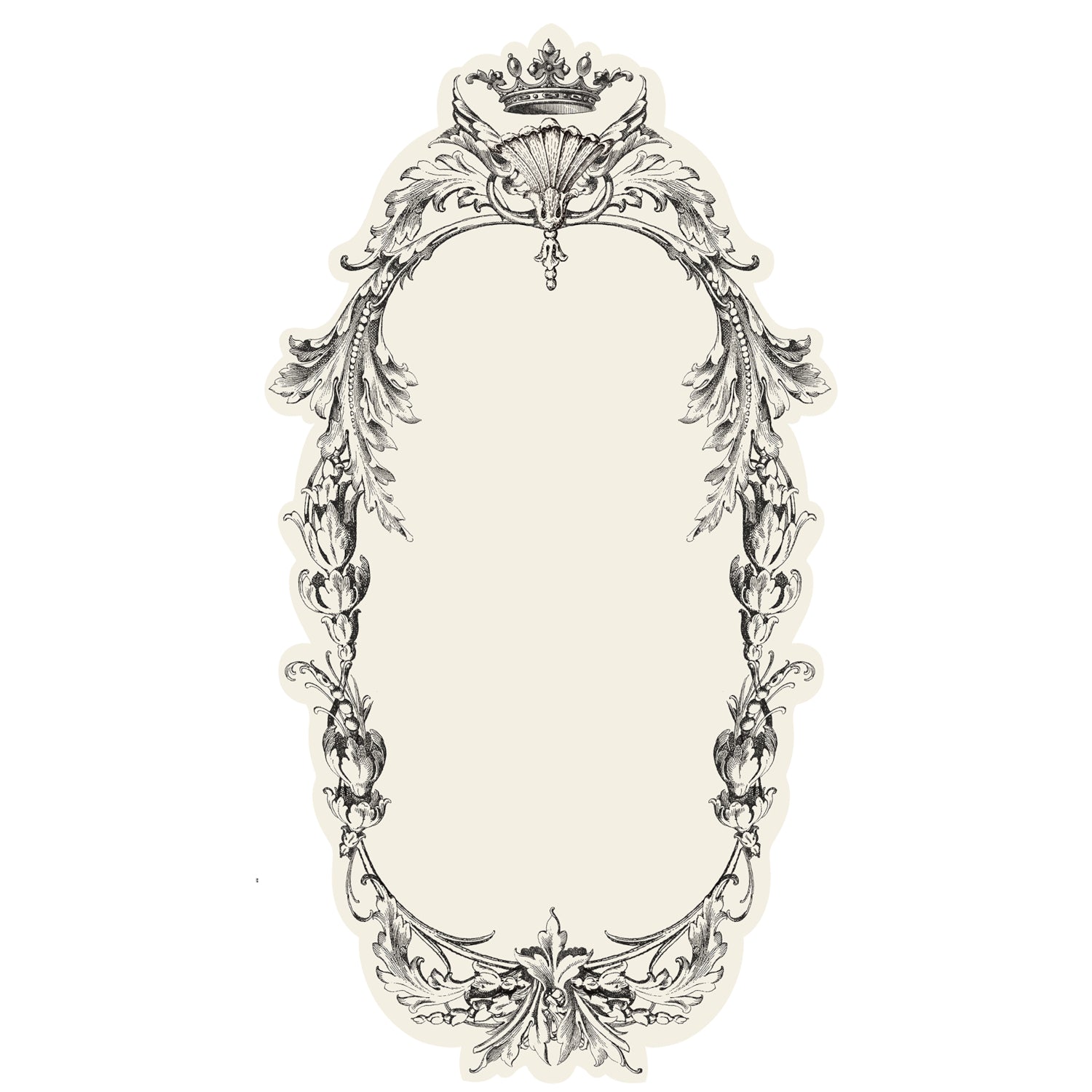 A white, die-cut table accent featuring an ornate engraving-style frame around the edges with open space in the middle for personalization.