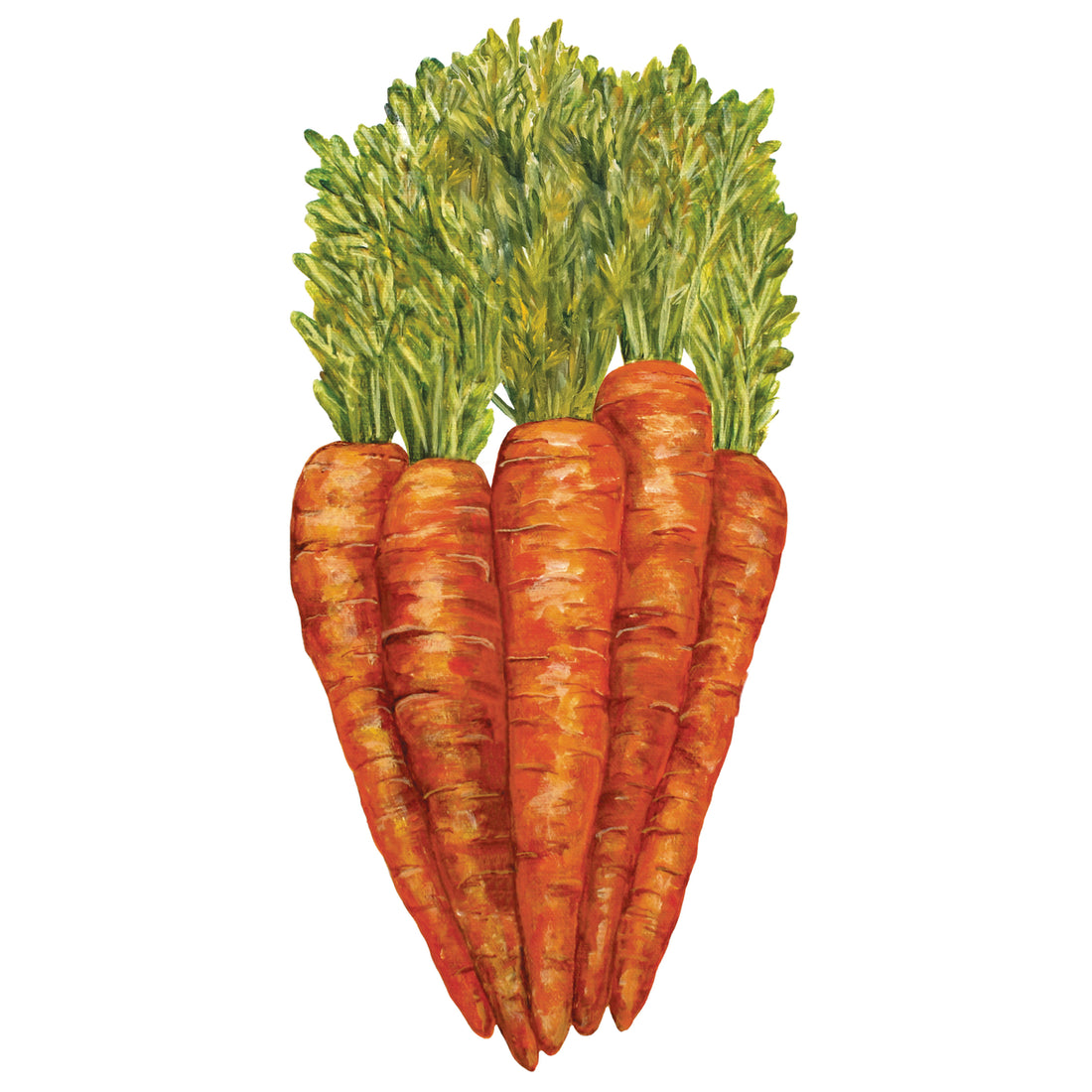 A die-cut illustration of five orange carrots with bright green leaves bundled together.
