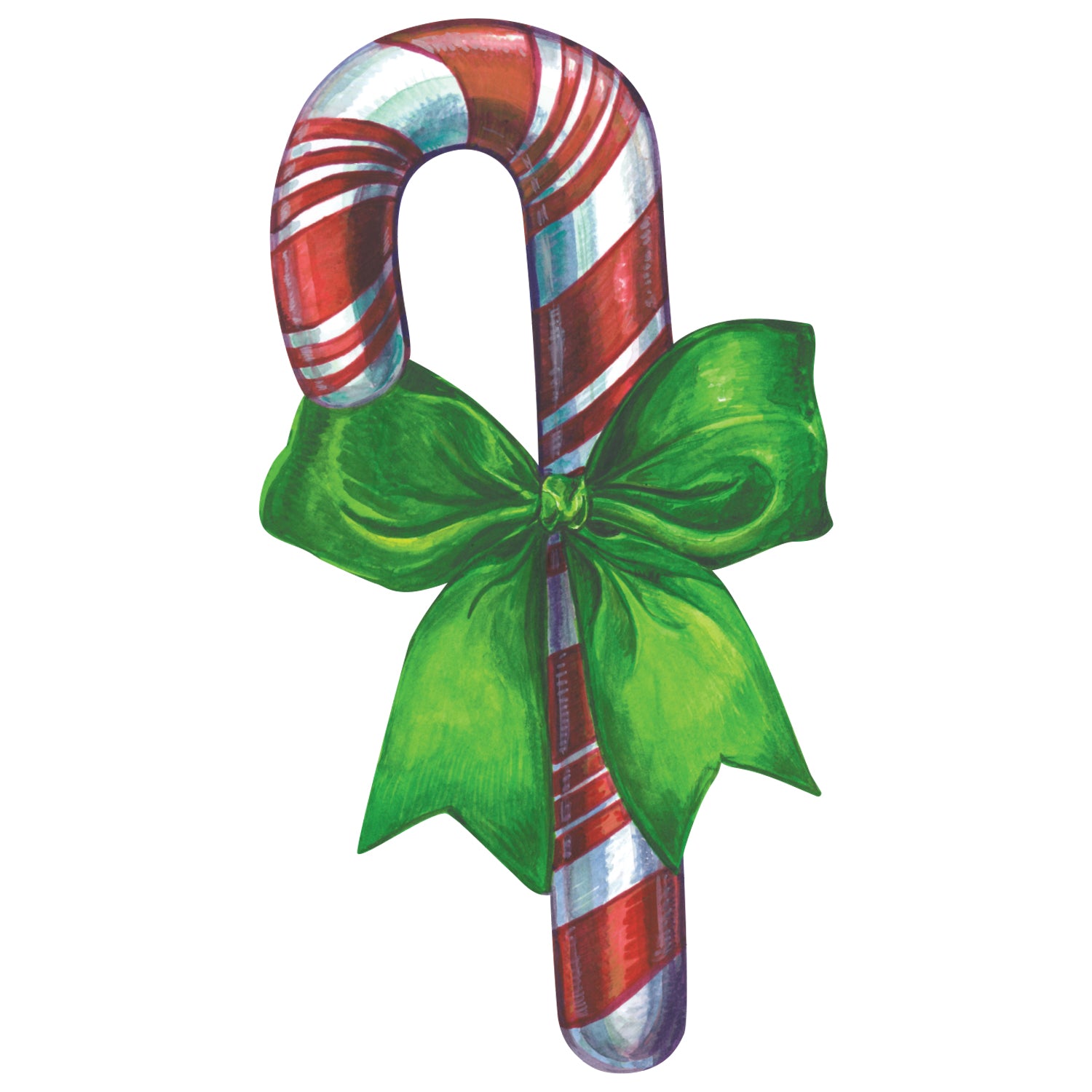 A die-cut illustration of a vintage-style red and white candy cane tied with a bright green bow.