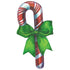 A die-cut illustration of a vintage-style red and white candy cane tied with a bright green bow.