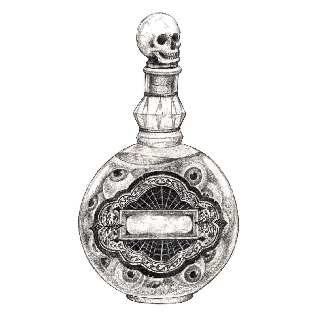 A die-cut black and white illustration of a spooky, ornate glass bottle full of eyeballs and liquid with a skull-shaped plug on top, and a blank label for personalization.