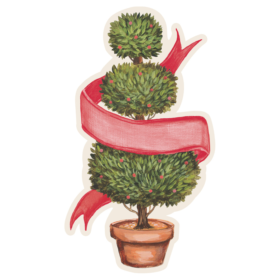A die-cut illustration of a potted shrub with red berries manicured into three balls, with a blank red ribbon twisting around the topiary, creating a space for personalization.