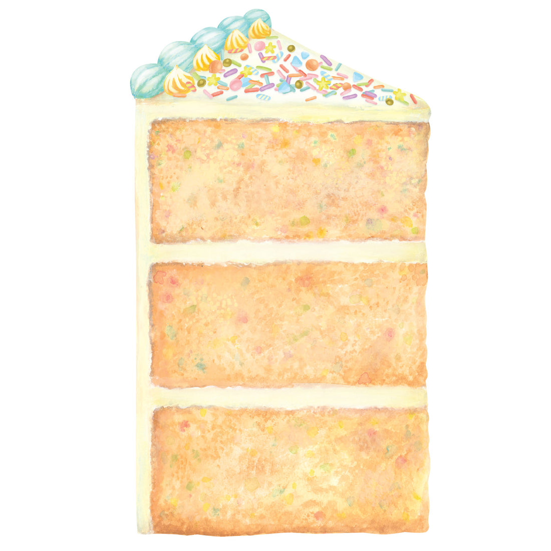 A die-cut illustration of a tall, three-layer yellow cake with cream frosting and colorful icing and sprinkles decorating the top.