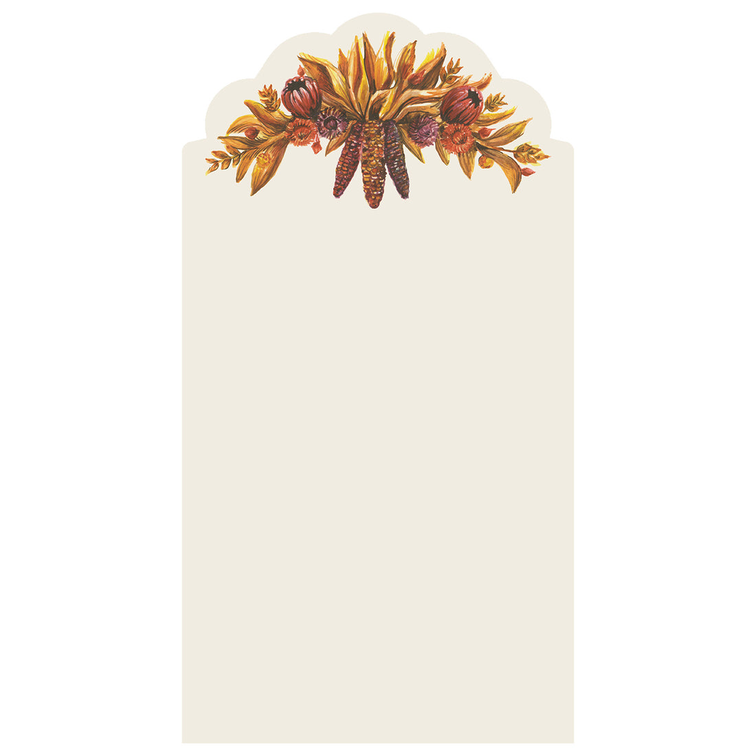 A white rectangular card with a die-cut scalloped top edge adorned with an illustration of colorful corn cobs with yellow husks surrounded by fall botanicals.