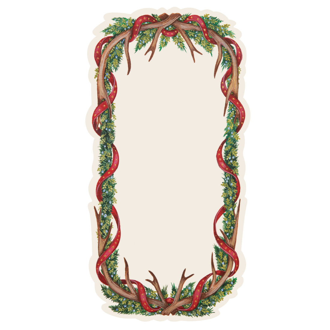 A die-cut rectangular card framed by green winter foliage sprinkled with blue berries, deer antlers, and a red ribbon wrapped around the whole frame. The middle area is a blank white rectangle for personalization.