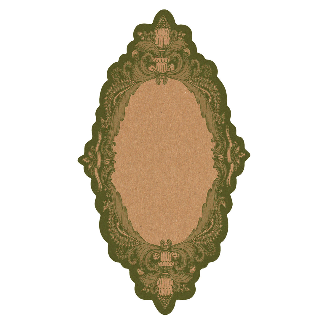 A die-cut, scalloped kraft paper table accent with an ornate, French toile-style design in green around the edges.