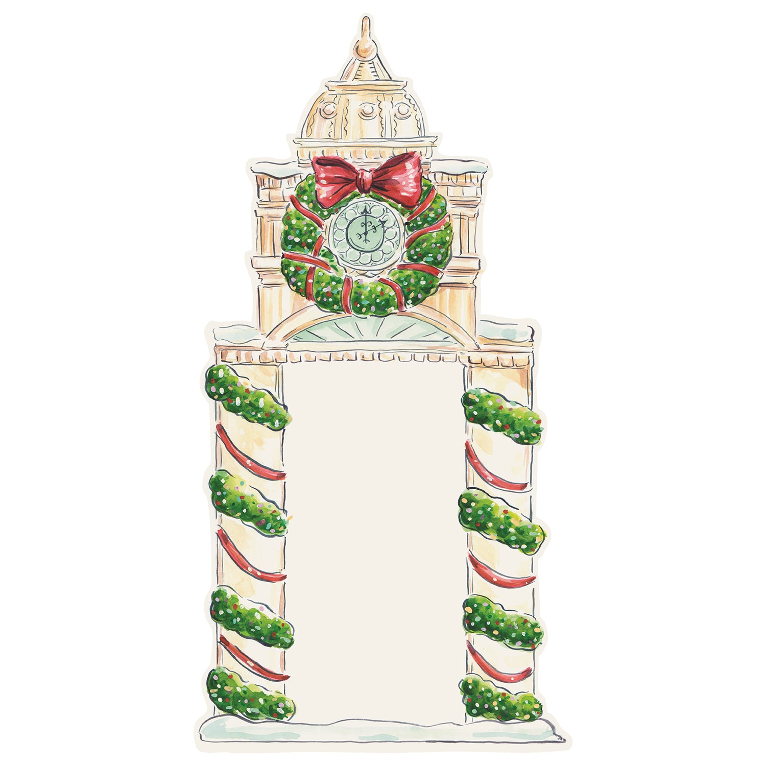 A die-cut illustration of a snowy clock tower adorned with a Christmas wreath with a red bow surrounding the clock face, and green garland with red ribbon wrapping up the pillars on either side of a blank white rectangle which provides a space for personalization.