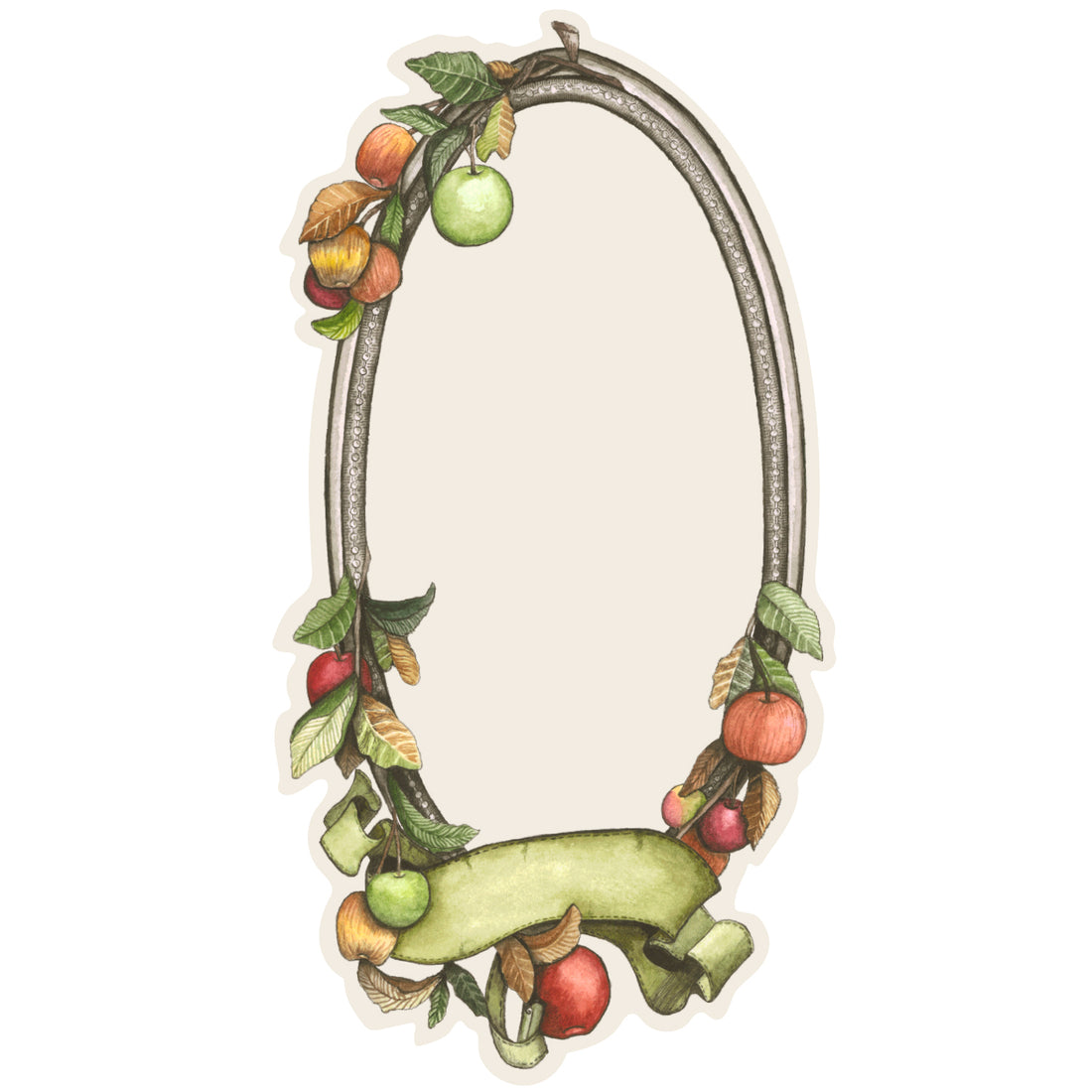 A white, die-cut oval card framed with a simple gray frame adorned with red, green and orange apples with green leaves, and a blank green ribbon unfurling along the bottom of the card. The blank white oval center and the green ribbon both provide ample space for personalization.