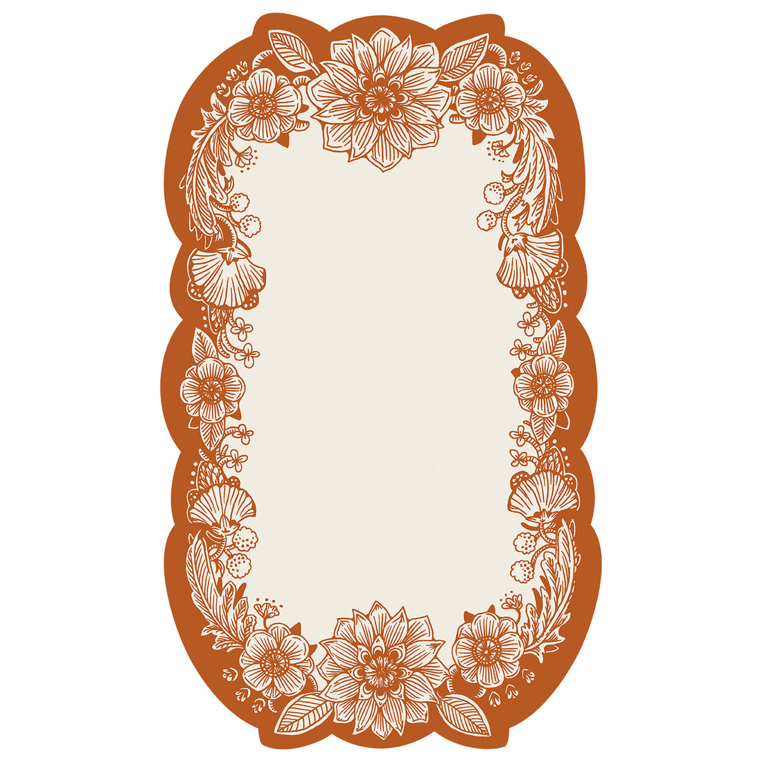 A white, die-cut rectangular card framed by an ornate floral design in orange linework surrounding a blank white center rectangle for personalization.