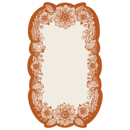 A white, die-cut rectangular card framed by an ornate floral design in orange linework surrounding a blank white center rectangle for personalization.
