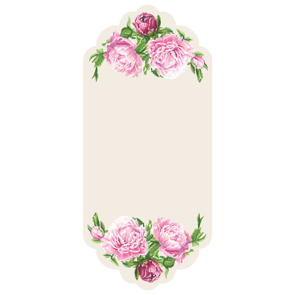 A rectangular card with scalloped top and bottom edges featuring illustrated pink peony blooms with green leaves adorning the top and bottom edges, leaving ample white space in the middle for personalization.