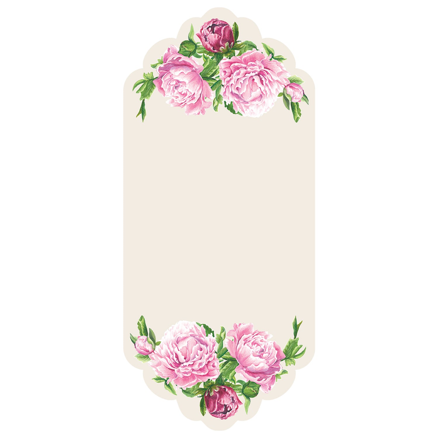 A rectangular card with scalloped top and bottom edges featuring illustrated pink peony blooms with green leaves adorning the top and bottom edges, leaving ample white space in the middle for personalization.