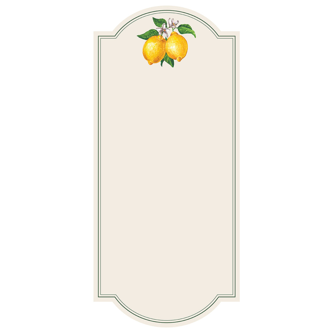A white, rectangular card with a rounded top and bottom edge, framed with a simple double black line and adorned with a pair of vibrant yellow lemons with green leaves and white blooms at the top, leaving ample white space for personalization.