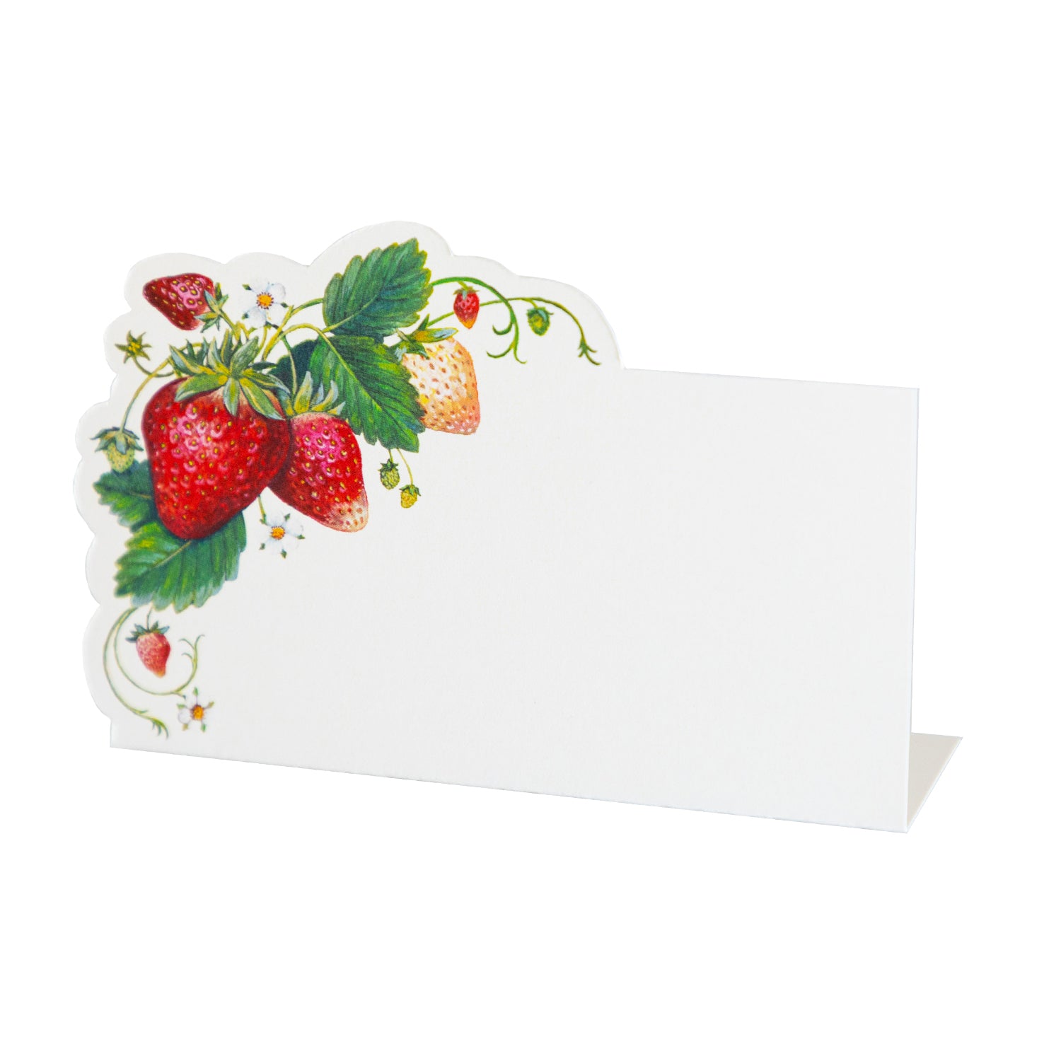 Place card with a strawberry plant design in the corner and blank space for writing, on a white background.