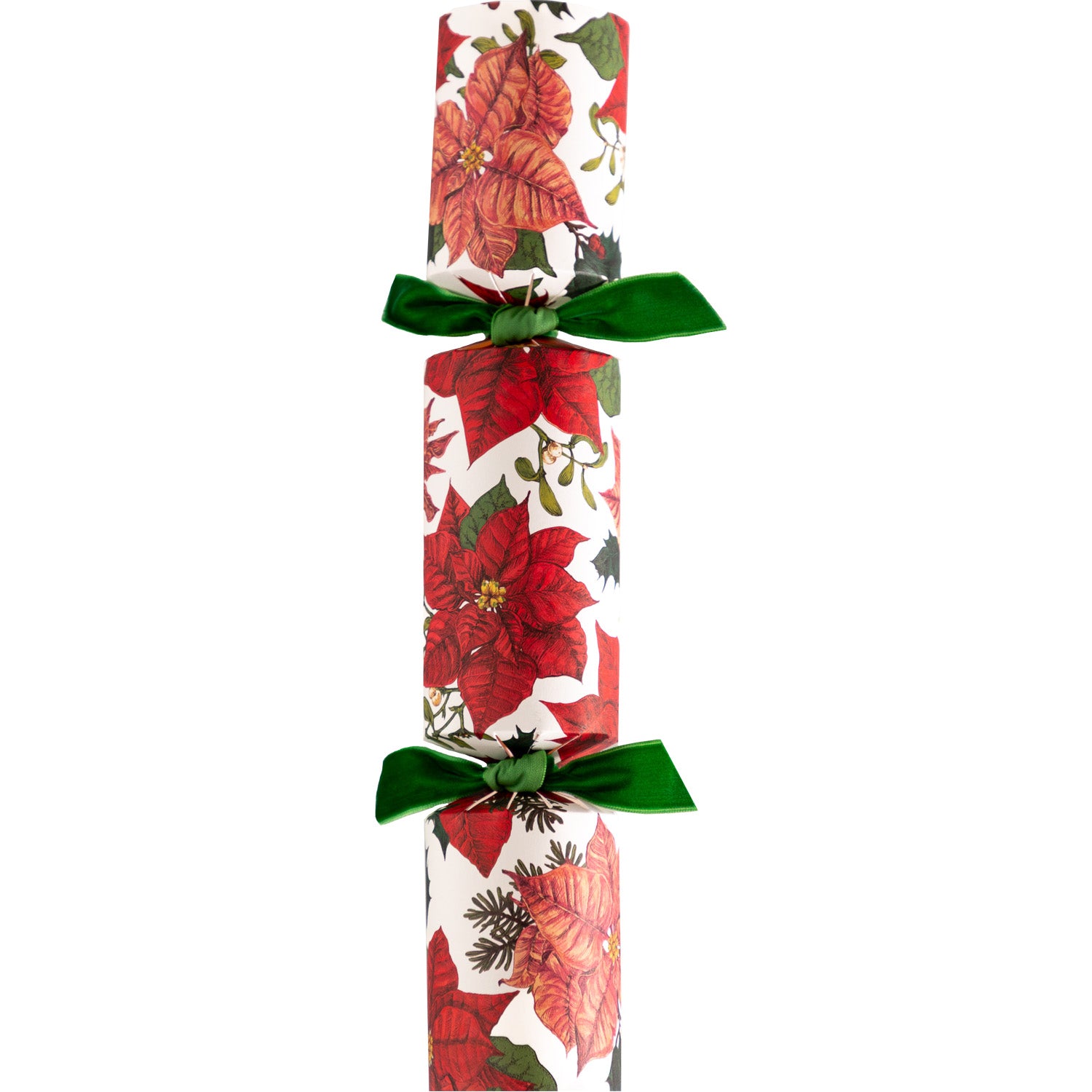 A Poinsettia Cracker featuring a festive poinsettia pattern and green velvet ties.