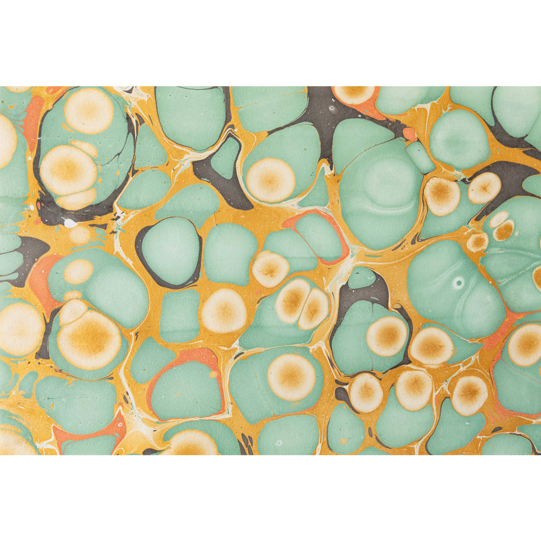 An abstract, marbled pattern of large bubbles of seafoam, cream, dark grey and orange over shimmering gold.