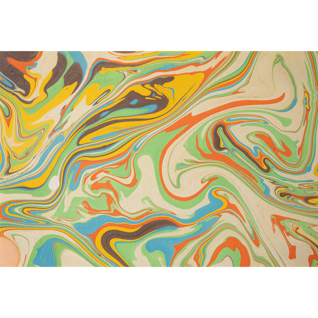 An abstract, marbled pattern of cream, orange, yellow, mint green, blue and brown swirled randomly together in a mesmerizing flow.