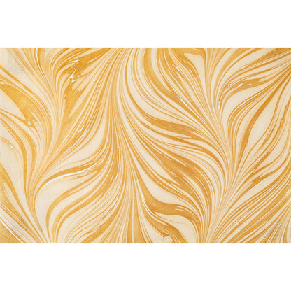 An abstract, marbled pattern of gold swirled with white in alternating up and down sweeps. 