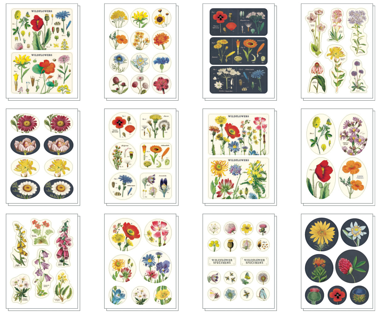 Wildflowers 5.25" x 4.75" tin containing a curated collection of vintage-inspired stickers featuring images from the Cavallini archives.