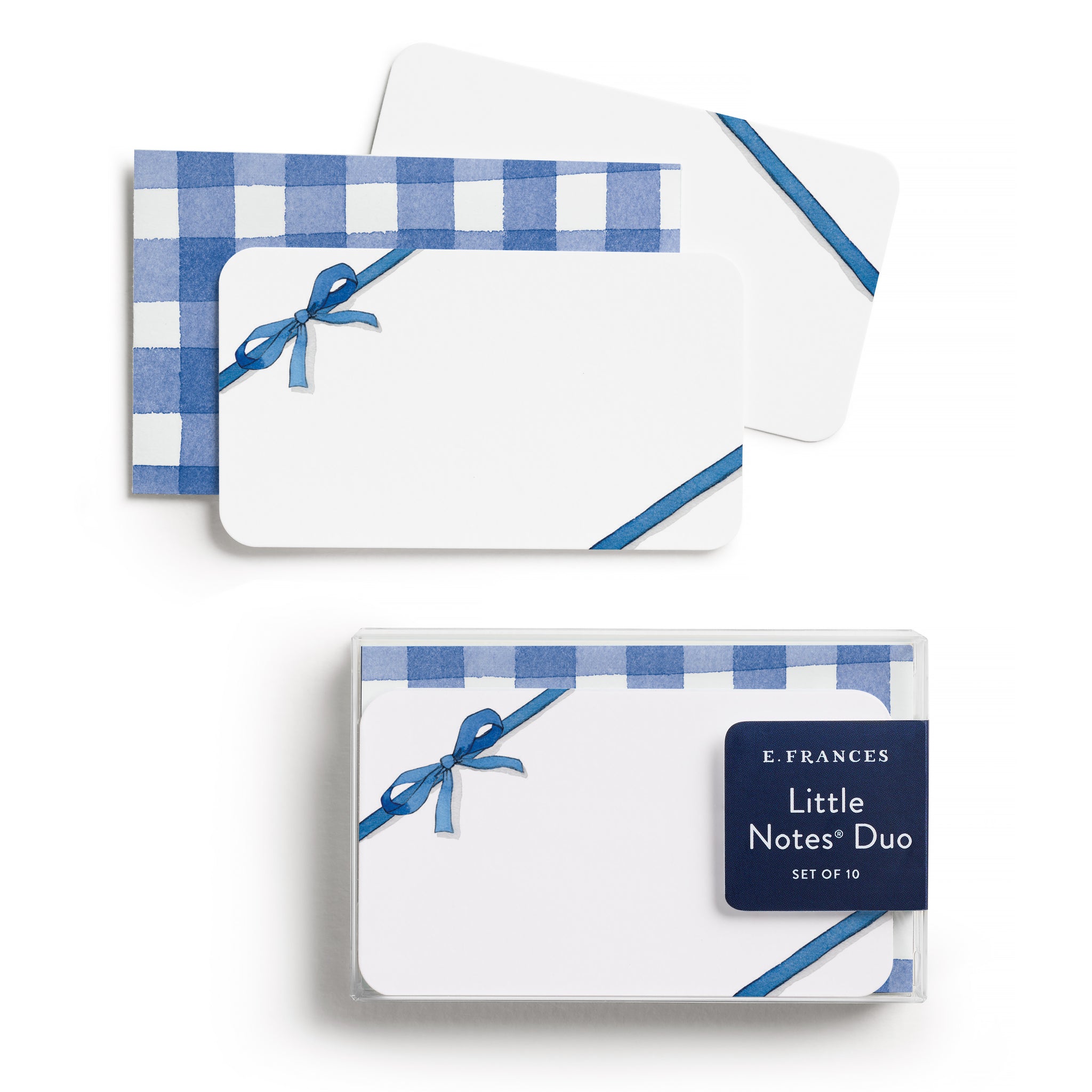 Packaged set of E. Frances Little Notes Duo with blue checkered design and ribbon on a white background.