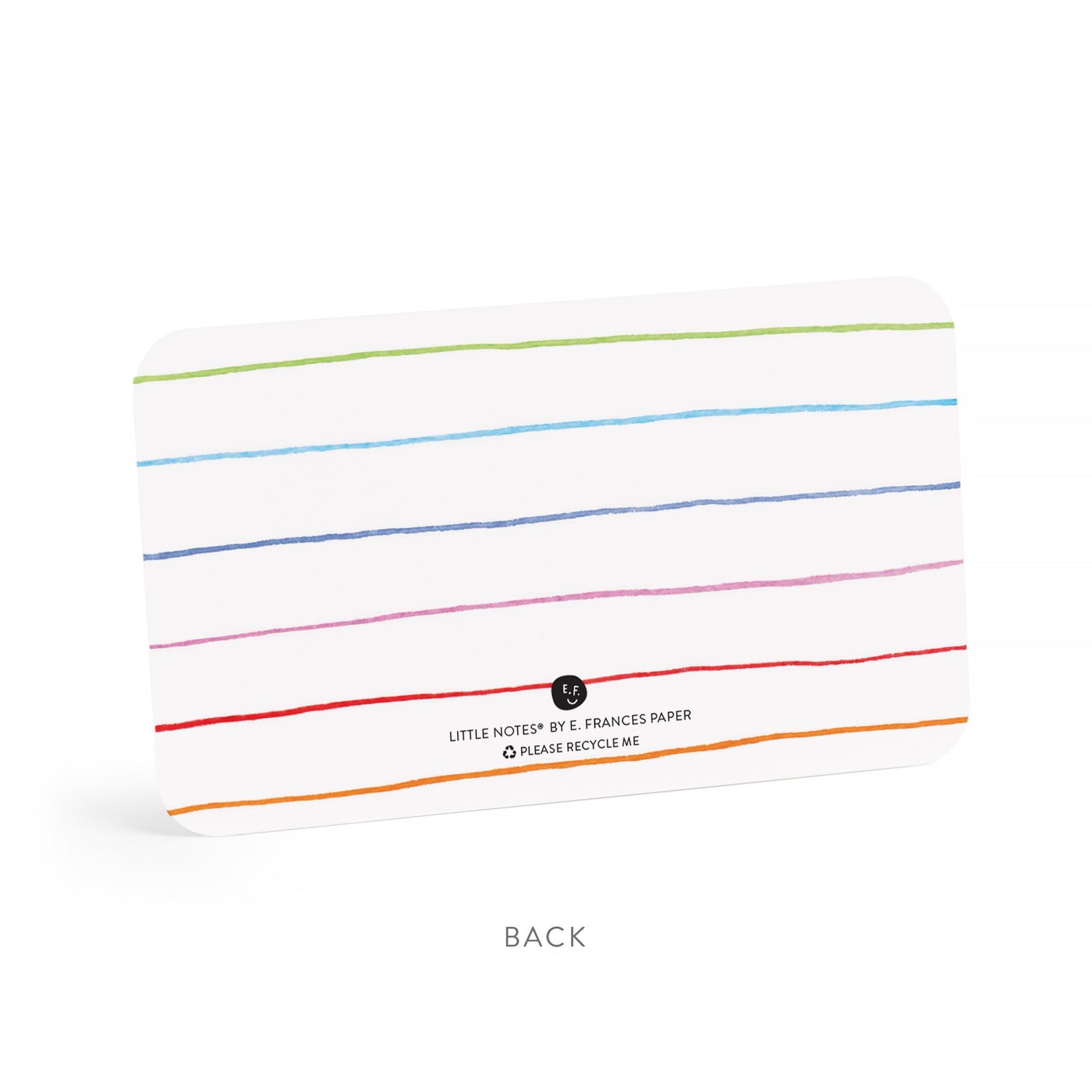 The back of the Rainbow Little Notes card showing rainbow lines with branding.