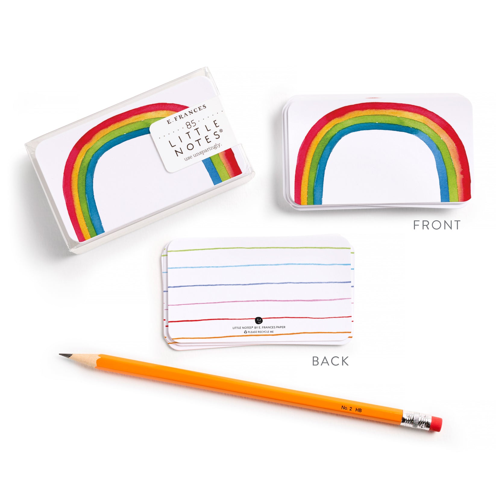 Pack of E. Frances Little Notes with stacks showing a rainbow design on the front and rainbow striped lines on the back, next to a pencil.