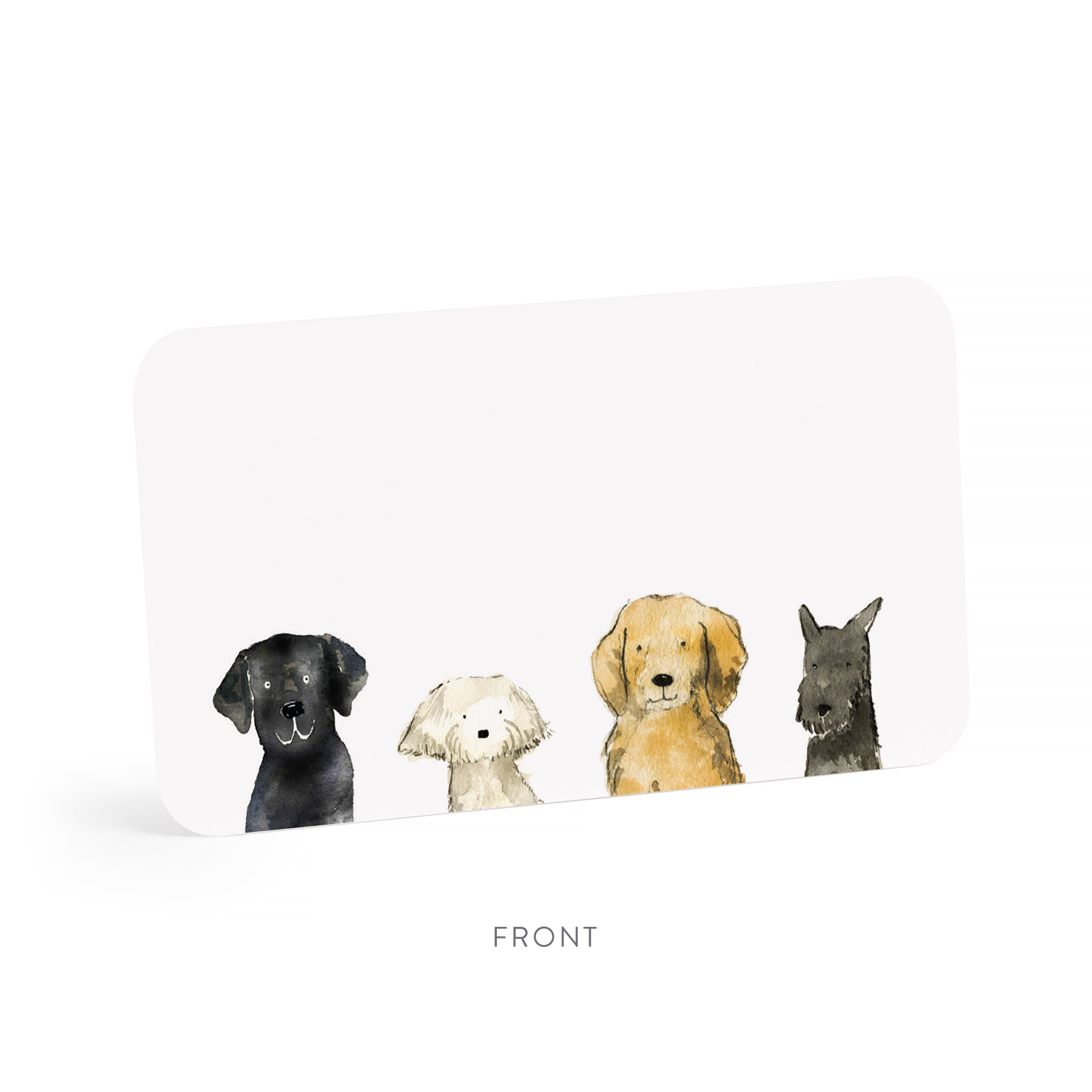 Four dog illustrations on a white card with &