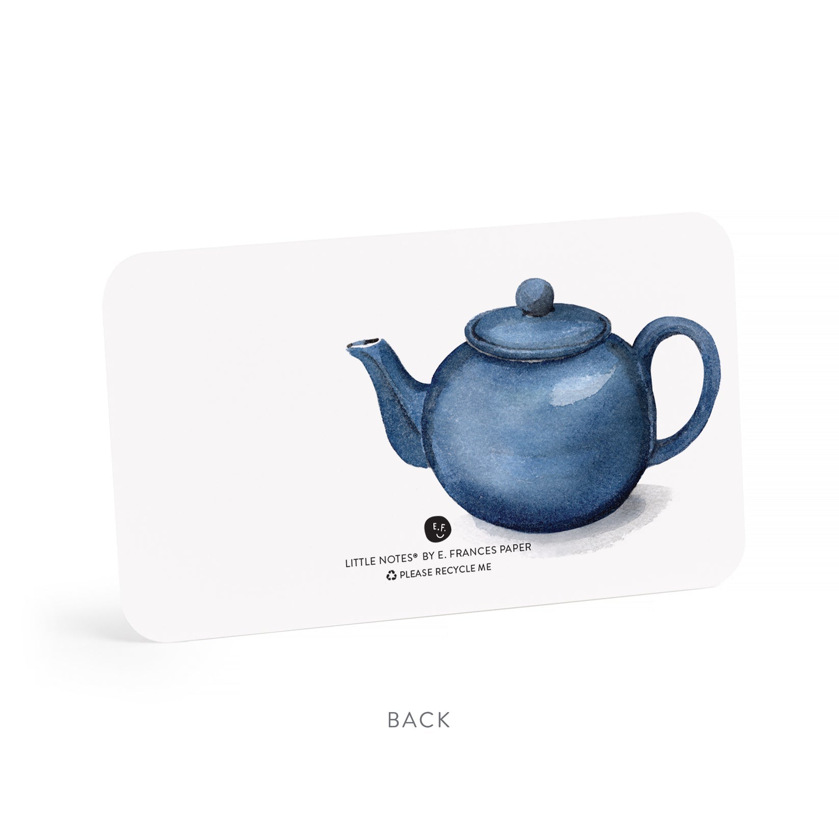 Blue teapot design on a white card with branding text.