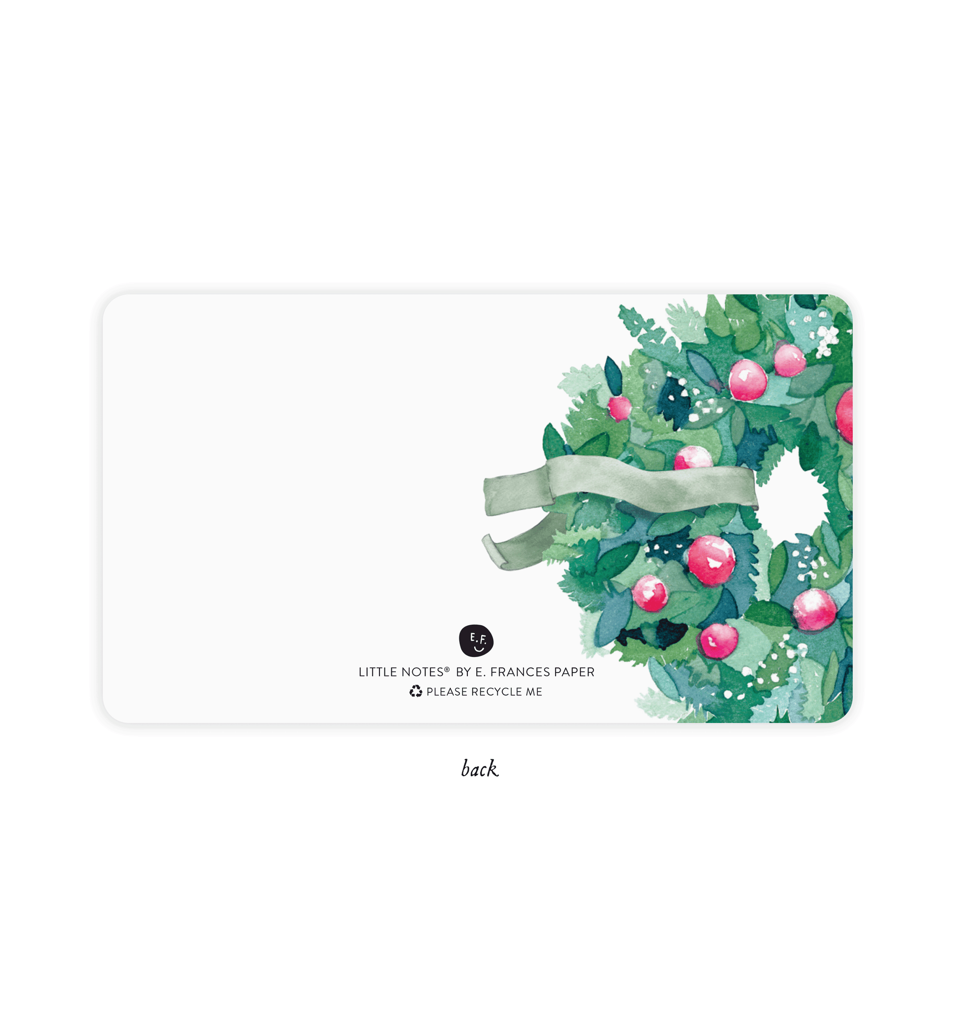back of little notes with illustration of a green wreath with red ornaments on it with a ribbon untied on it.
