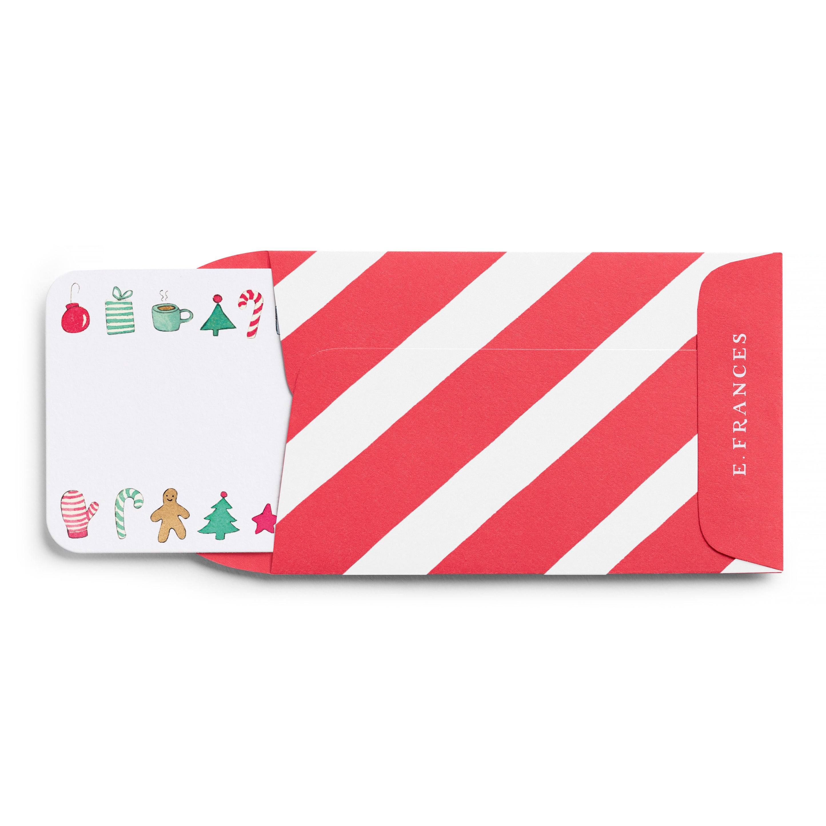 Candy Cane Stripe Little Note Envelope with a Little Note Christmas card sticking out of the envelope.