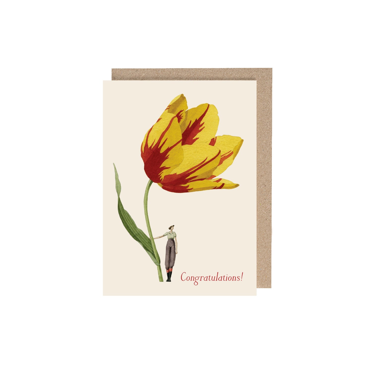 Tulip (Congratulations) Greeting Card featuring a miniature woman holding a tulip with "Congratulations" in red script next to her.