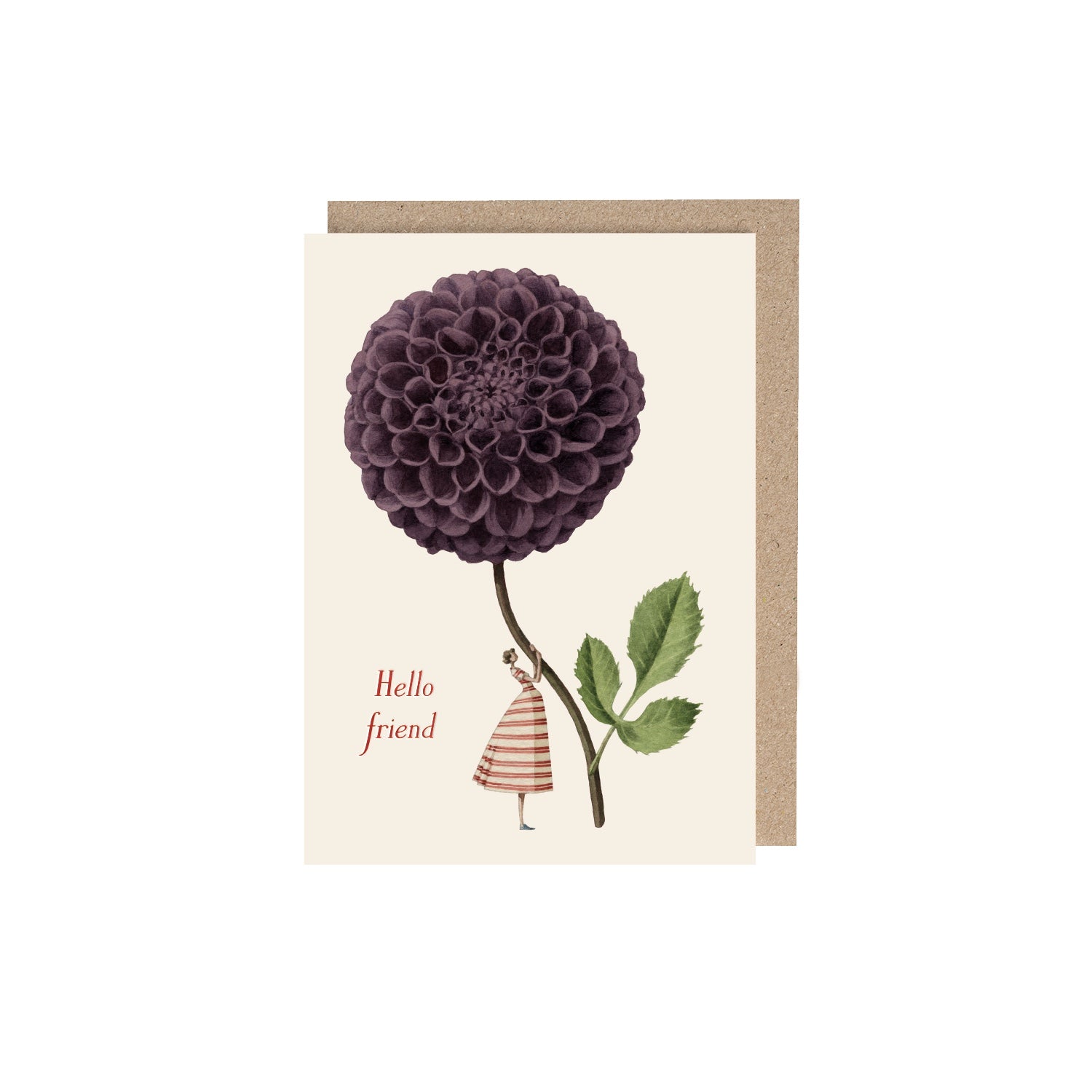 Purple Dahlia (Hello friend) Greeting Card featuring artwork of a woman holding a giant purple Dahlia and red text that says "Hello friend".