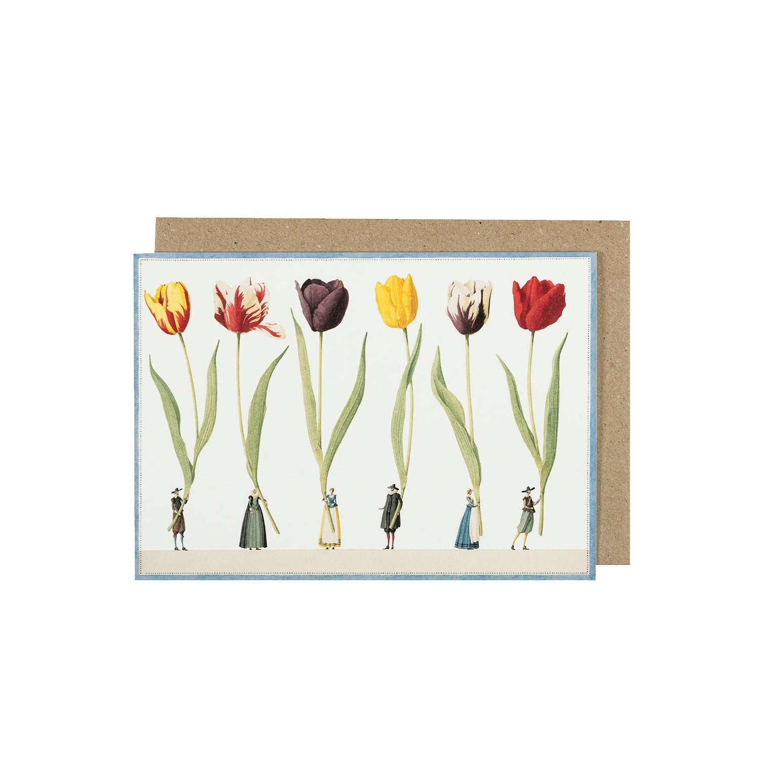 A white greeting card with a blue border lined with dots, featuring an illustration of six small people in traditional clothing holding large multi-colored tulips up by the stems. The included kraft paper envelope is tucked behind the card.