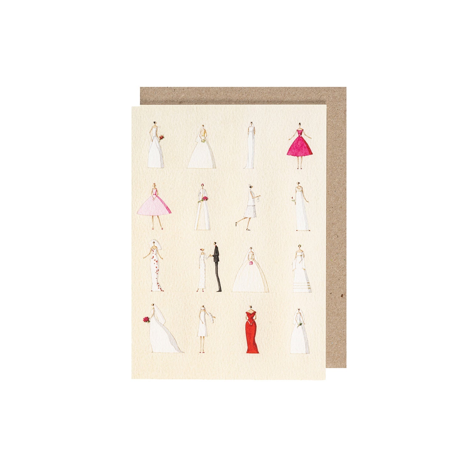 A cream greeting card featuring a grid of 16 different illustrated brides in various gowns. The included kraft paper envelope is tucked behind the card.