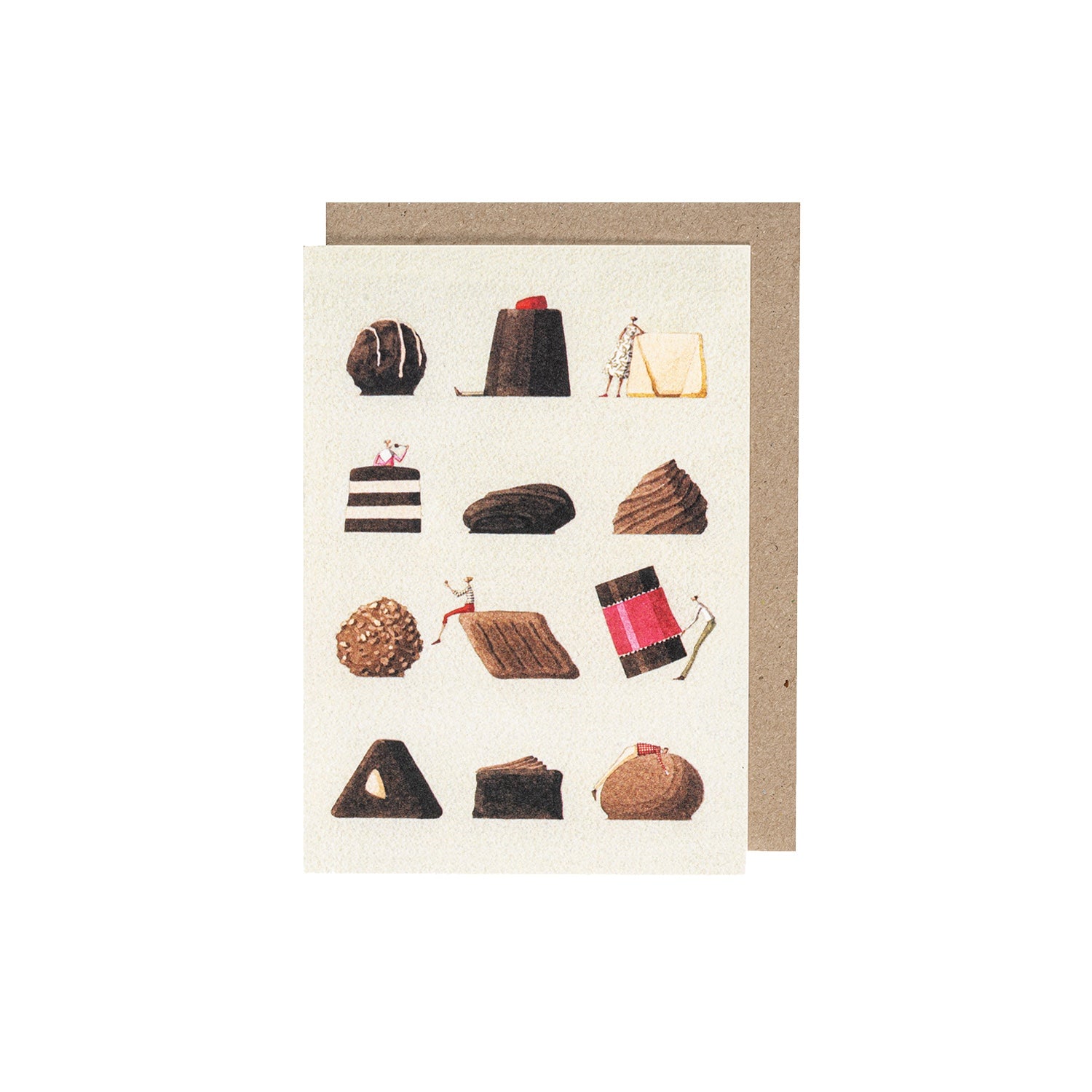The Chocolates Greeting Card features a dozed illustrated gourmet chocolates evenly spaced in rows of three, with tiny people on and around the candies. A brown kraft paper envelope is included.