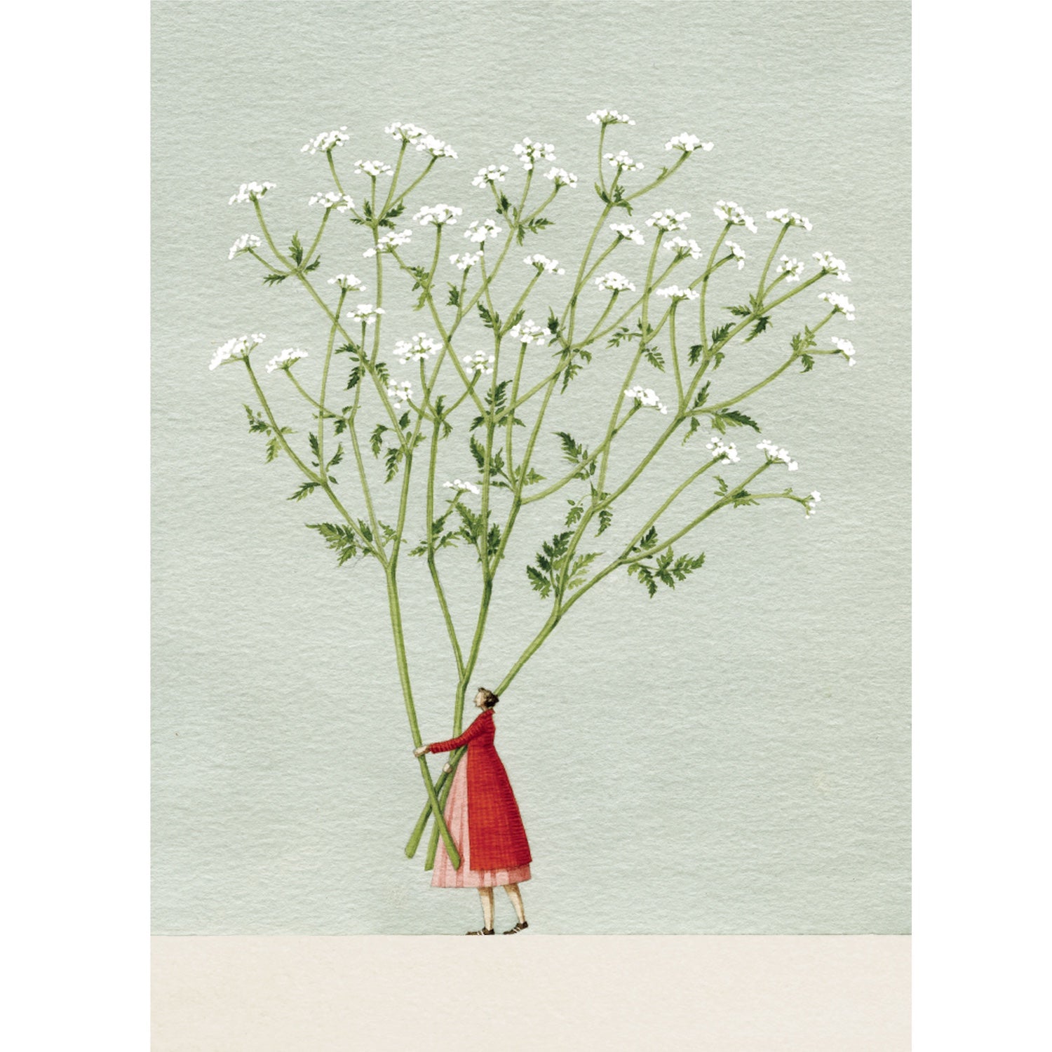 A water color illustration of a miniature woman in a pink dress with a red coat, holding giant stems of cow parsley.
